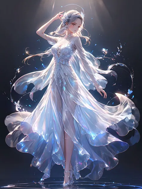 <lora:memghuanzhijingV1.0:0.5>,full body,dress,1girl,dreamy,guchen,dancing,<lora:copax_fairy_dress_v1:0.5>,white dress,see-through,, (masterpiece, best quality, high quality, highres, ultra-detailed),