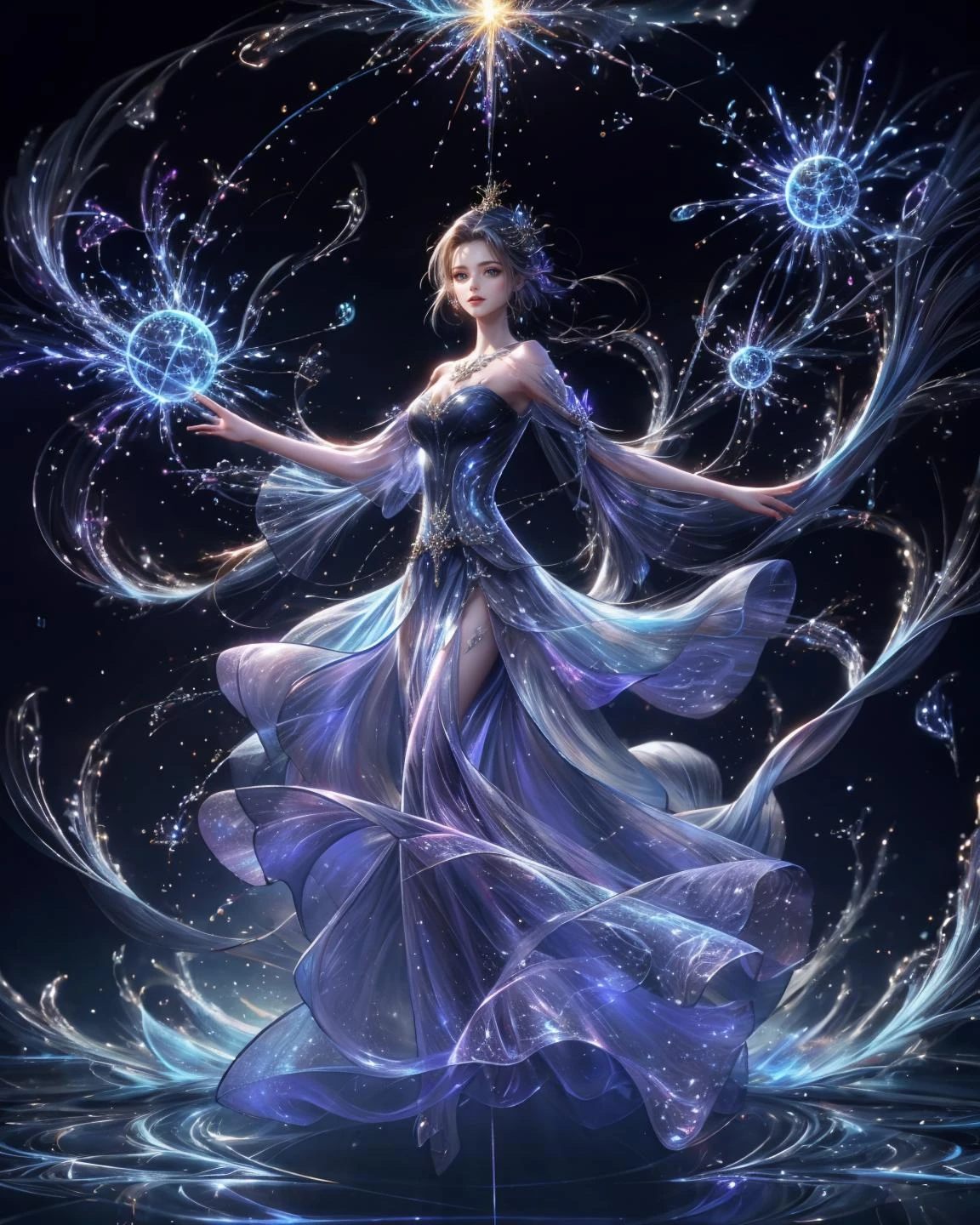 1girl, brilliant transparent blue dress, dynamic pose, water, pray, glow, colorful, gorgeous dress, light magic, abstract, fantasy,( in hall background),  32k,extremely detailed CG unity 8k wallpaper, best quality  