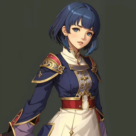 FE15, FE15-Style, Fire Emblem, Fire Emblem Shadows of Valentia, Catria (Fire Emblem), Catria (Fire Emblem Gaiden), Catria (Fire Emblem Echoes: Shadows of Valentia), simple background, green background, light top left, Nehru Jacket, 1Girl, Teenager, Double Bun, Multicolored Hair, Black Hair, Pink Hair, (Happy:1.3)