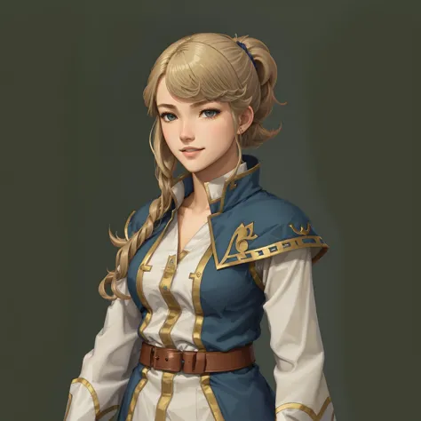 FE15, FE15-Style, Fire Emblem, Fire Emblem Shadows of Valentia, Clair (Fire Emblem), Clair (Fire Emblem Gaiden), Clair (Fire Emblem Echoes: Shadows of Valentia), simple background, green background, light top left, Nehru Jacket, 1Girl, Teenager, high ponytail, ponytail, wavy hair, Blonde hair, brown eyes, (Happy:1.3)