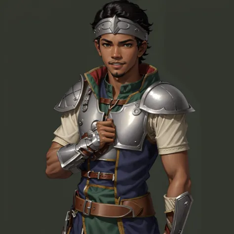 FE15, FE15-Style, Fire Emblem, Fire Emblem Shadows of Valentia, Gray (Fire Emblem), Gray (Fire Emblem Gaiden), Gray (Fire Emblem Echoes: Shadows of Valentia), (simple background, green background:1.3), dark skin, happy, 1boy, male focus, gloves, solo, fingerless gloves, black hair, headband, open mouth, hands on hips, green background, simple background, armor, belt, smile, teeth