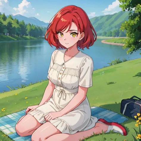 1Girl, mature, American, redhead, medium hair, yellow eyes, sitting on a picnic blanket near a lake, elegant summer dress, happy...