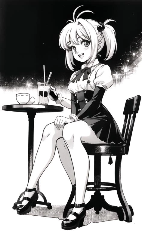 (monochrome, greyscale, manga:1.3), (masterpiece, perfect anatomy, Perfect Quality:1.3), (wide long shot full body eye contact:1.5), 1girl solo, detailed sitting in exquisite café sitting at booth, holding fancy pumpkin spice ice-cream shake in glass, (school girl uniform fully dressed thigh-length skirt:1), detailed beautiful face, beautiful eyes detailed pupils, short chin-length hair, two hair antennas, face framing bangs wispy bangs, hair ties bobbles short twintails, (happy open mouth smile upper teeth only), chiaroscuro, volumetric lighting, volumetric shading, high resolution, extremely detailed, sakura_hormone, kinomoto sakura, 