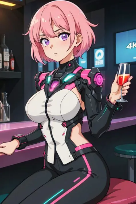 Cyberpunk, 1girl, sitting in a futuristic bar, holding a glass, modified human, elegant suit, pink hair, purple eyes, looking in...