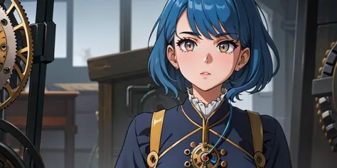 (Close-up:1.2), 1girl, solo, standing inside a fantasy clock tower, blue hair, white eyes, magician robes outfit, intricate back...
