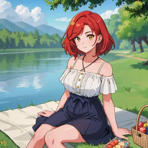 1Girl, mature, American, redhead, medium hair, yellow eyes, sitting on a picnic blanket near a lake, elegant summer dress, happy...
