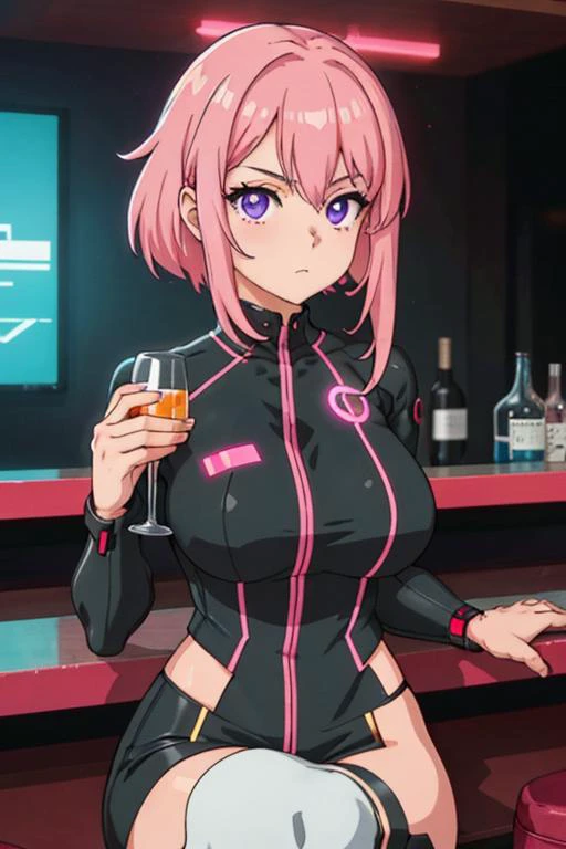 Cyberpunk, 1girl, sitting in a futuristic bar, holding a glass, modified human, elegant suit, pink hair, purple eyes, looking intrigued, finely drawn eyes and face and hands and fingers, complex background, neon, best quality, amazing detail, 4k, 8k, UHD, to scale, anime,