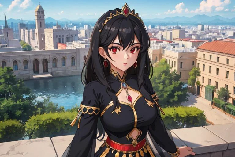 1Girl, Beautiful, Persian princess, straightened long black hair, red eyes, intricate outfit, jewelry with gemstones, Babylon, royal gardens, overlooking the city, majestic, masterpiece, best quality, amazing detail, 4k, 8k, UHD, view from above, to scale,