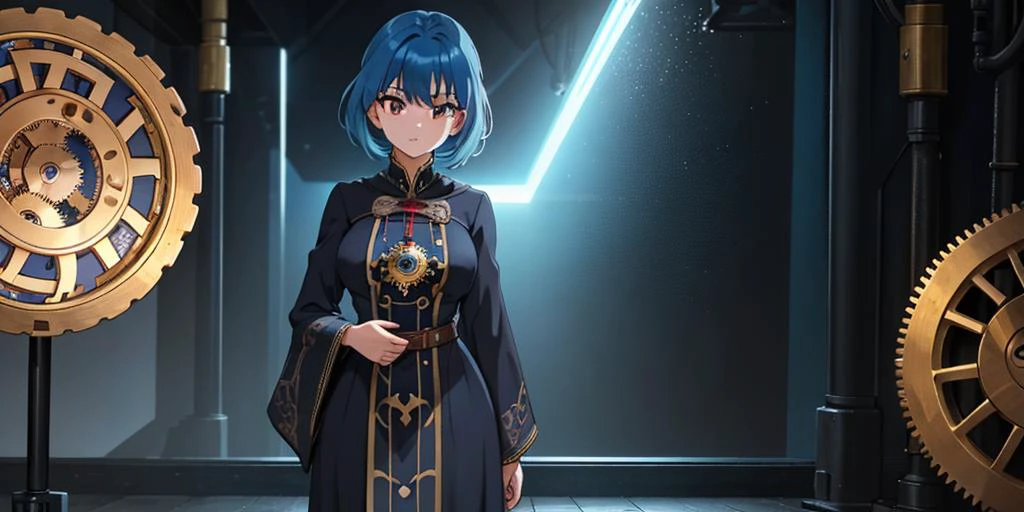 (Close-up:1.2), 1girl, solo, standing inside a fantasy clock tower, blue hair, white eyes, magician robes outfit, intricate background, (clockwork, mechanical items, many cogs:1.2), workshop, all connected, dusty floor, shadowy smoke, dim lighting, panoramic view, dark theme, best quality, amazing detail, 4k, 8k, uhd,
