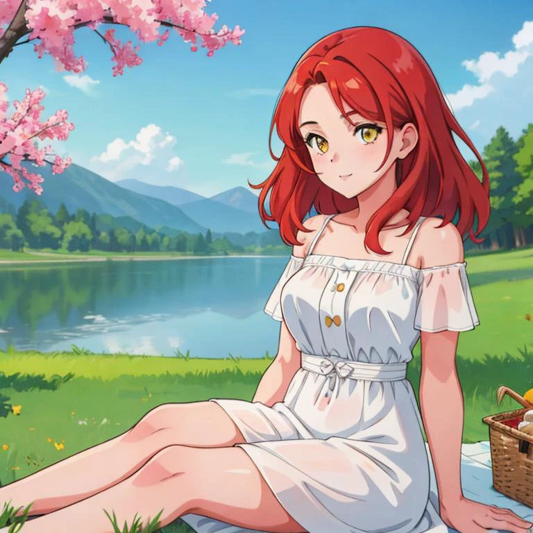 1個女孩, 成熟, 美國人, 红发, 中長頭髮, 黃眼睛, sitting on a picnic blanket near a 湖, 优雅的夏季连衣裙, 快樂的, 草, 樹, 湖, 雲, 最好的品質, 非常詳細, 4k, 8K, 超高畫質,
