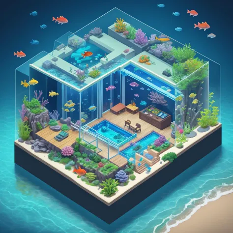 a fish tank with a pool and a house inside