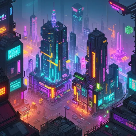 a view of a futuristic city with neon lights and tall buildings