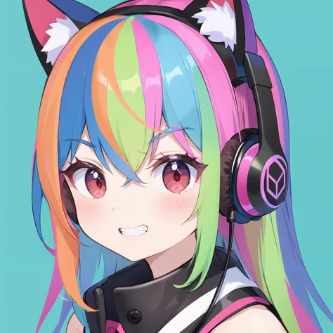 anime girl with colorful hair and headphones on