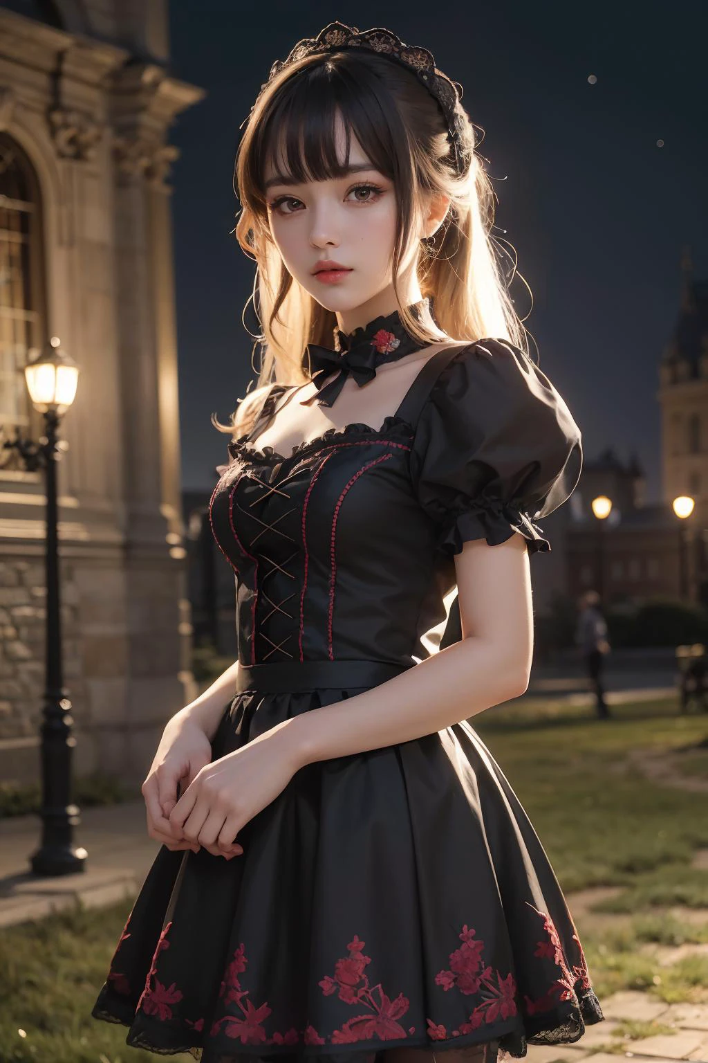 ultra high res,masterpiece,best quality,perfect lighting,detailed lighting,dramatic shadows,ray tracing,
1girl,lolita fashion,black skirt,red embroidery,makeup,cowboy shot,black dress,
outdoors,(night:1.1),castle,grasslands,dark sky,