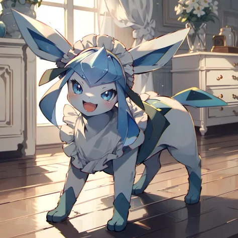 <lora:glaceon-v3-000024:1.2>glaceon,pokemon \(creature\), no humans,animal nose,clothed pokemon, maid apron,maid headdress, smil...