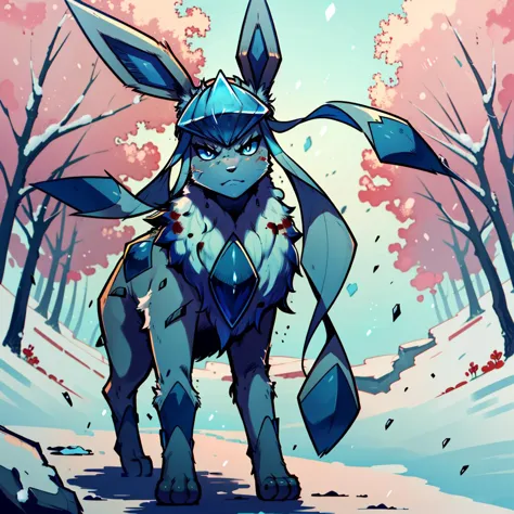 comic book,edgy,<lora:glaceon-v3-000024:1.2>glaceon,full body,snow,(animal nose:1.2),(animal:1.1),blue skin,pokemon \(creature\),blue eyes,blue sclera,detailed fur,beautiful lighting,injury,deep wound,bleeding, blood,angry,tree, (masterpiece, best quality,absurdres: 1.2),