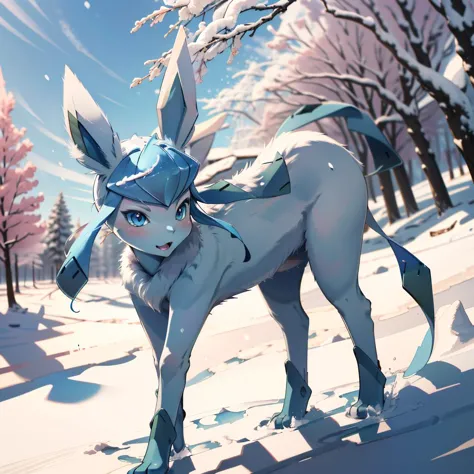 <lora:glaceon-v3-000024:1.2>glaceon,full body,snow,tree,animal nose,blue skin,pokemon \(creature\),detailed fur, (masterpiece, b...