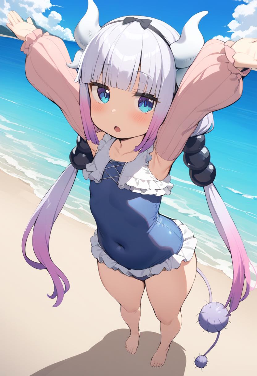 Kanna kamui ,blue eyes , pink one piece bikini, little breasts - SeaArt AI