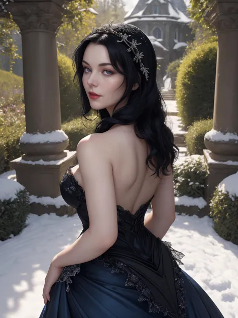 A hyperrealistic portrait of a beautiful woman with raven black hair, embodying the character of Snow White. She is dressed in a...