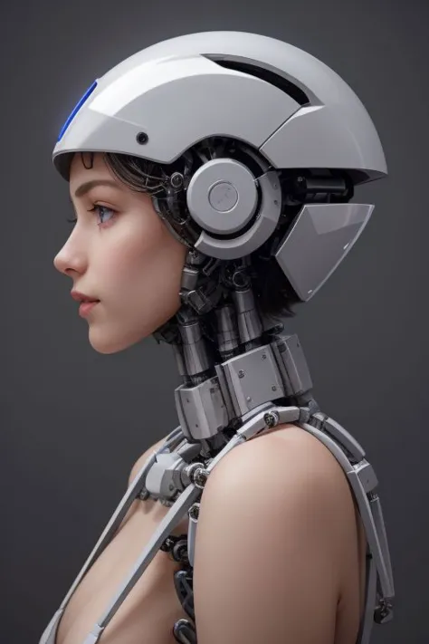 a woman in a futuristic helmet with a headpiece on