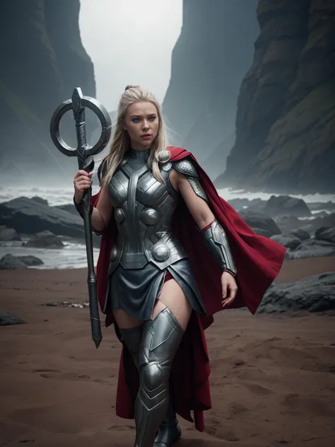 a woman in a silver outfit holding a spear and a sword