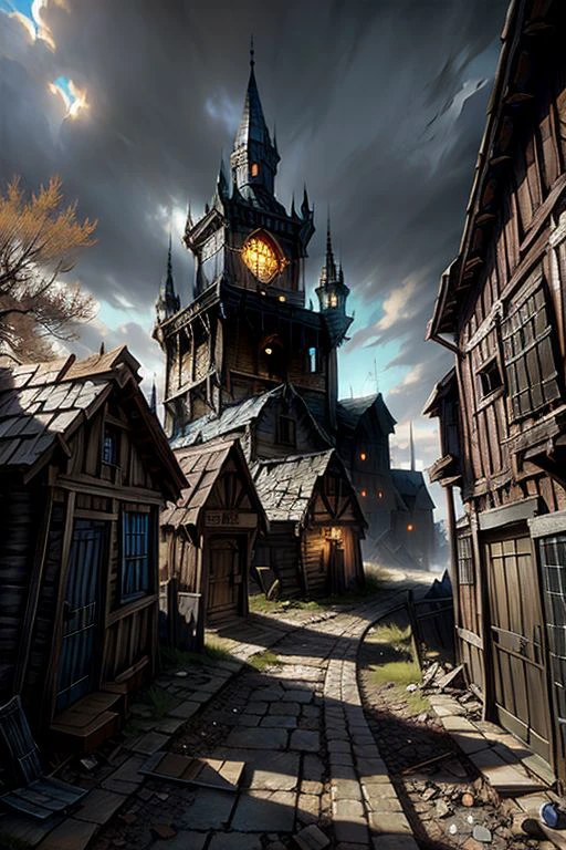 A art conceptuel for a computer game - mordheim, une ville abandonnée où vivent des orcs, endroit sombre, maisons et arbres en ruine, Réaliste light, art conceptuel painting, ombres, art conceptuel, par Greg Rutkowski, Réaliste, très détaillé, intensément réel, Éclairage cinématographique, 8k resolution art conceptuel, hyper détaillé, complexe et détaillé, couleurs triadiques