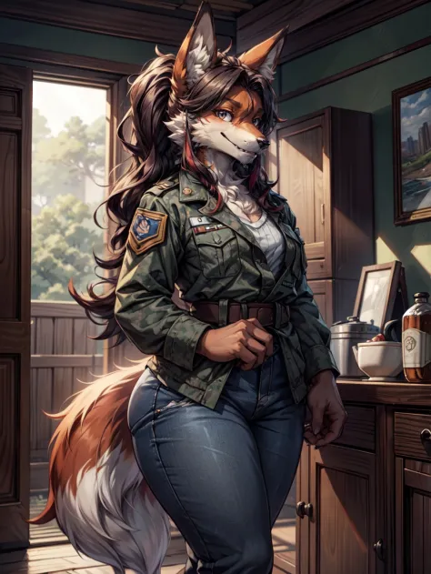 masterpieces,(wide angle, ), (furry, anthro fox woman, long snout:1.3), smiling, tired eyes, detailed eyes, sharp teeth, chest t...