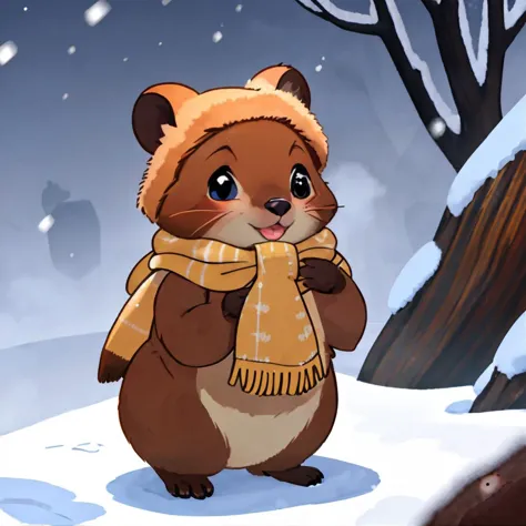 cartoon of a hamster in a scarf and hat standing in the snow