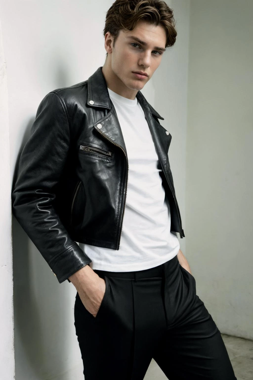 foto en bruto, foto del hombre levi_Conely Saint Laurent chaqueta de cuero negra y camiseta blanca y pantalones negros tomados por Tim Walker