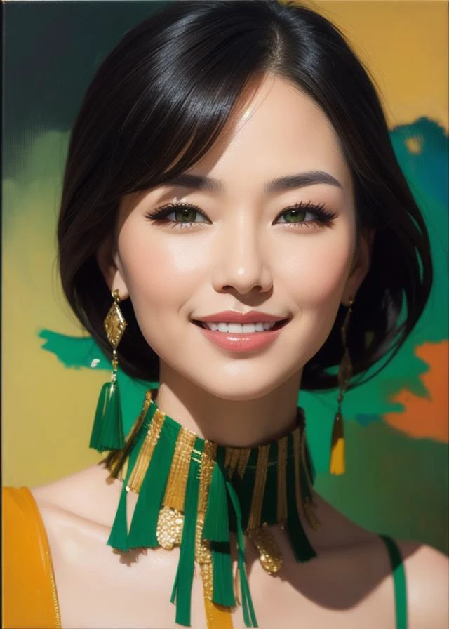 visage, portrait, de, femme chinoise, sourire, se maquiller, Impression , abstrait, ((peinture à l&#39;huile de John Berkey)) coups de pinceau, espace négatif, ton vert et orange