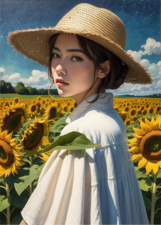 oil painting, by van gogh, colorful, abstract, abstract background, masterpiece, best quality, ultra detailed wallpaper,  20 year old bo, Wearing a straw hat, cornfield, tree, star, surreal dreamscape, sunflowers,night,