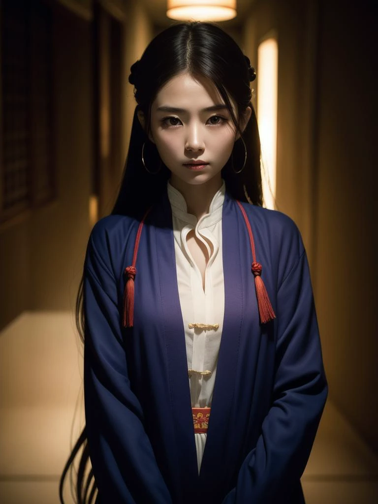 우시아 1소녀,중국 도교, 어두운 데에서, 깊은 그림자, 낮은 키, 차가운 빛
