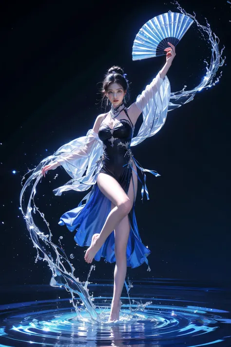 yushuishan, 1girl, hand fan, water, solo, long hair, holding, holding fan, dress, breasts, arm up, hair bun, bare legs, looking at viewer, full body, barefoot, detached sleeves, standing on one leg, blue dress, jewelry, standing, armpits, black background, single hair bun, reflection,
Best quality,masterpiece,ultra high res,<lora:20240324-1711284521625-0020:0.65>,