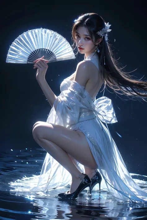 a woman in a white dress is holding a fan in the water