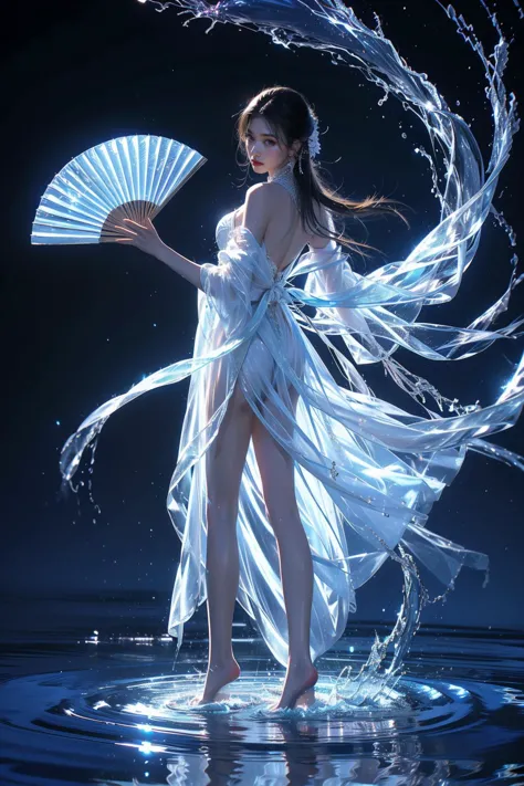 yushuishan, 1girl, hand fan, solo, ass, water, dress, barefoot, jewelry, earrings, holding, white dress, breasts, black hair, long hair, full body, holding fan, night, bare shoulders, back, looking back, see-through, feet, folding fan, from behind, bare legs, soles, bare back,
Best quality,masterpiece,ultra high res,<lora:20240324-1711284521625-0020:0.65>,