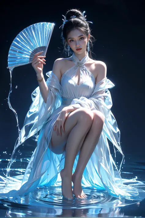 a woman in a white dress sitting on a blue surface holding a fan