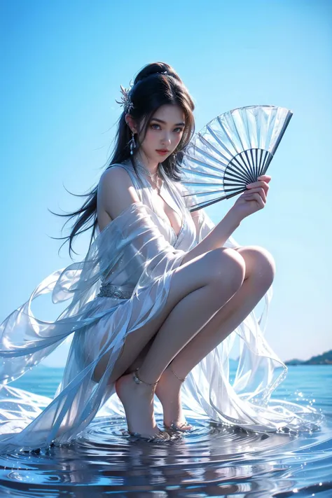 a woman in a white dress is kneeling in the water holding a fan