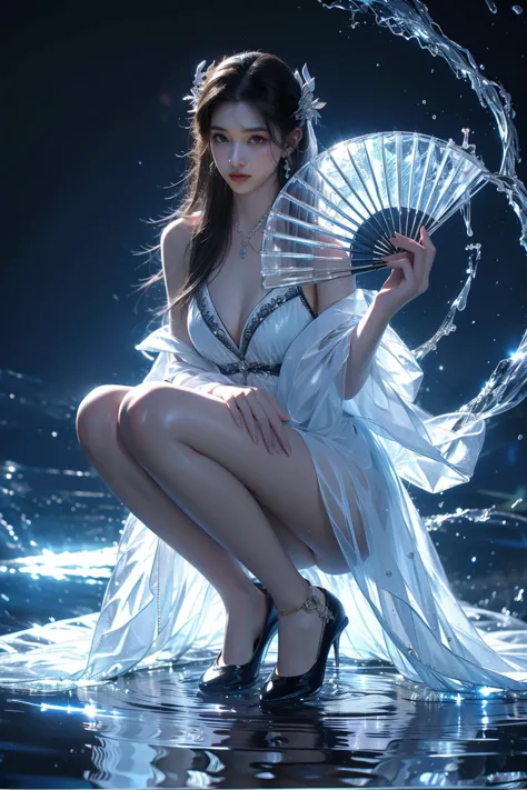 yushuishan, 1girl, high heels, hand fan, water, solo, bare legs, dress, squatting, hair ornament, holding, looking at viewer, jewelry, blue eyes, holding fan, chinese clothes, full body, black footwear, brown hair, long hair, breasts, closed mouth,
Best quality,masterpiece,ultra high res,<lora:20240324-1711284521625-0020:0.7>,