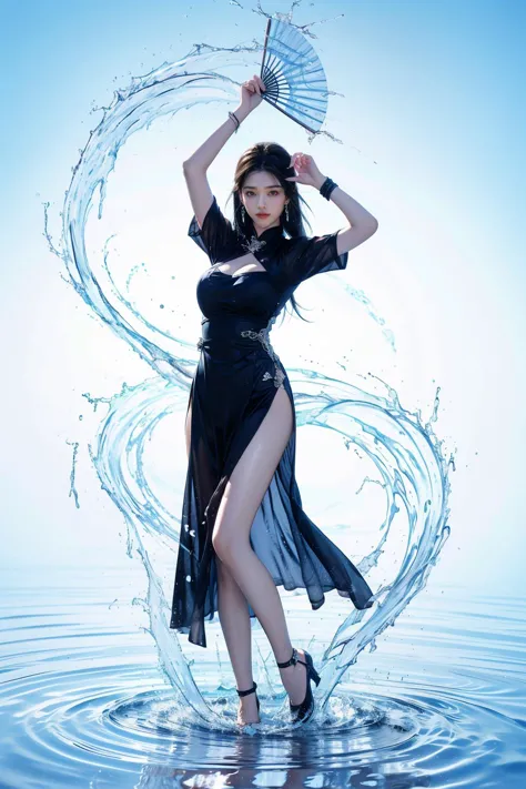 yushuishan, 1girl, solo, water, hand fan, holding fan, breasts, dress, full body, long hair, jewelry, braid, holding, looking at viewer, arm up, earrings, brown hair, folding fan, standing, ripples, bracelet, brown eyes, bangs, blue dress, clothing cutout, cleavage, parted lips, medium breasts, cleavage cutout, short sleeves,
Best quality,masterpiece,ultra high res,<lora:20240324-1711284521625-0020:0.65>,