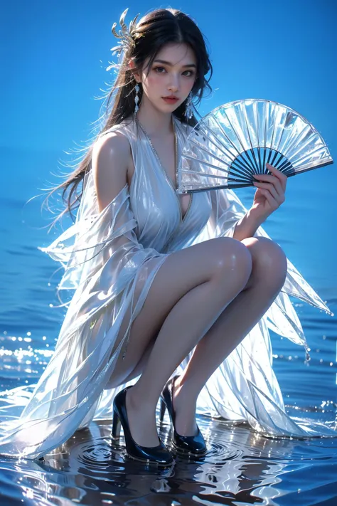 a woman in a white dress sitting on a beach holding a fan