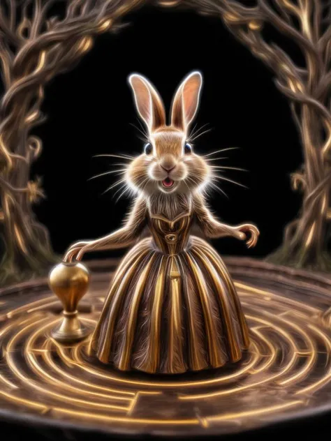 a close up of a rabbit in a dress standing in a maze