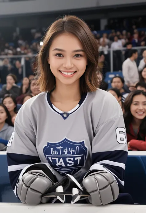 (medium full shot) of (elegant hockey player) young woman, thai, tan skin, hazel eyes, tiny build, medium dark hime cut hair,  w...