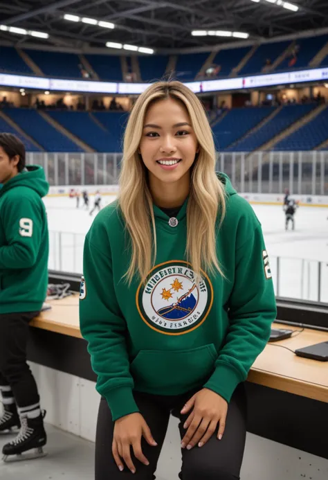 (medium full shot) of man, (imposing hockey player) young woman, philippine, tan skin, hazel eyes, normal build, extra long blon...