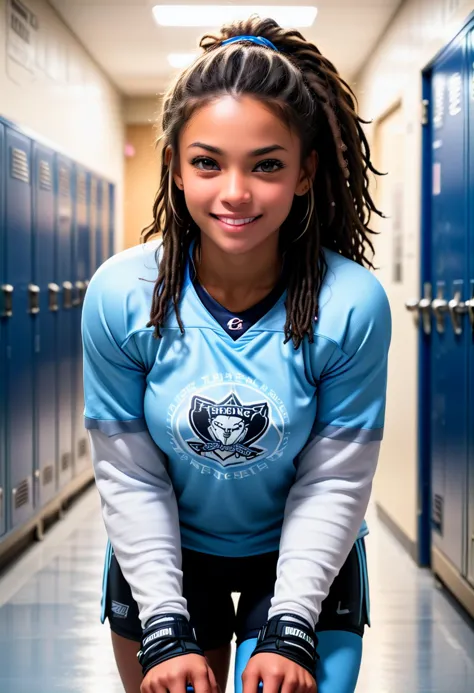 (medium full shot) of (strong hockey player) young woman, african, dark skin, black eyes, voluptuous build, medium dark dreadloc...