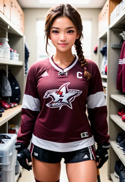 (medium full shot) of (glamorous hockey player) young woman, korean, tan skin, hazel eyes, slender build, short brown double bra...