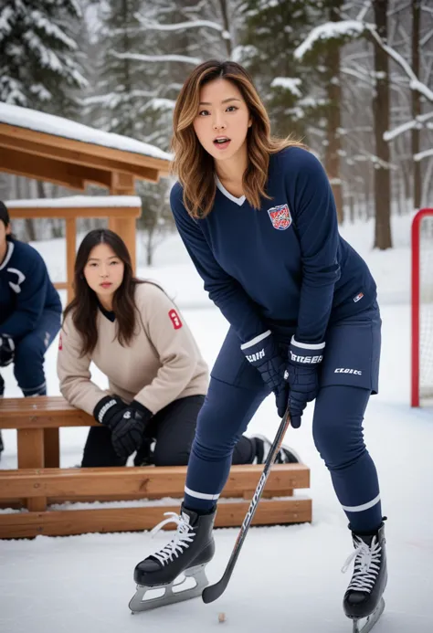 (medium full shot) of man, (imposing hockey player) young woman, japanese, tan skin, light brown eyes, curvy build, long hazel f...