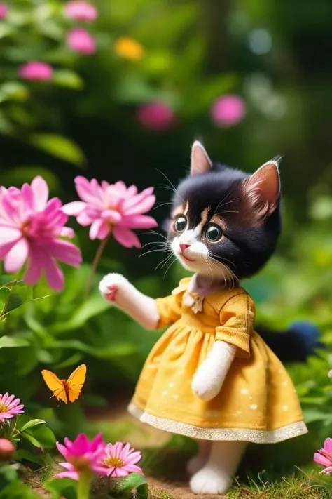 there is a cat that is standing in the grass with flowers