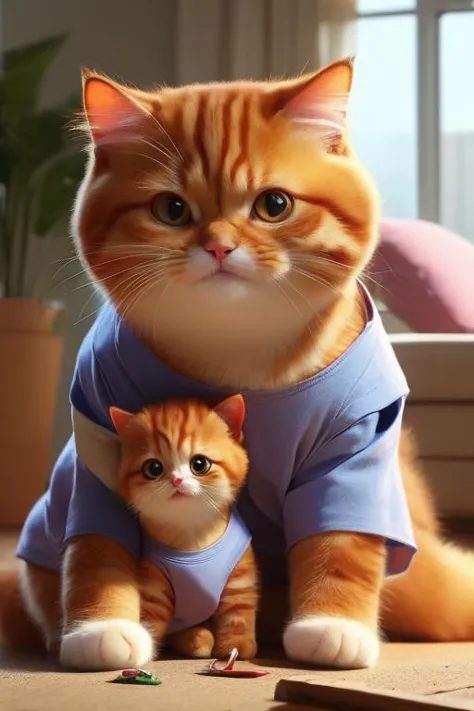 a close up of a cat and a kitten wearing clothes