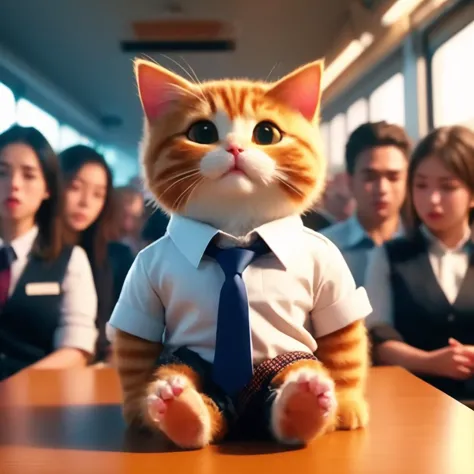 there is a cat that is sitting on a table in front of a group of people