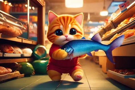 a close up of a cat holding a fish in a store